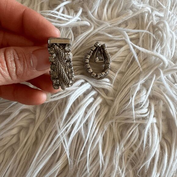 vtg 60s statement clip on earrings goldtone rope square‎ rhinestone glam party - Picture 4 of 9